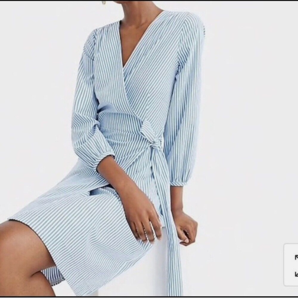 J. Crew Blue Blue and White Striped Long Sleeve Wrap Mini Dress Size 8P NWT